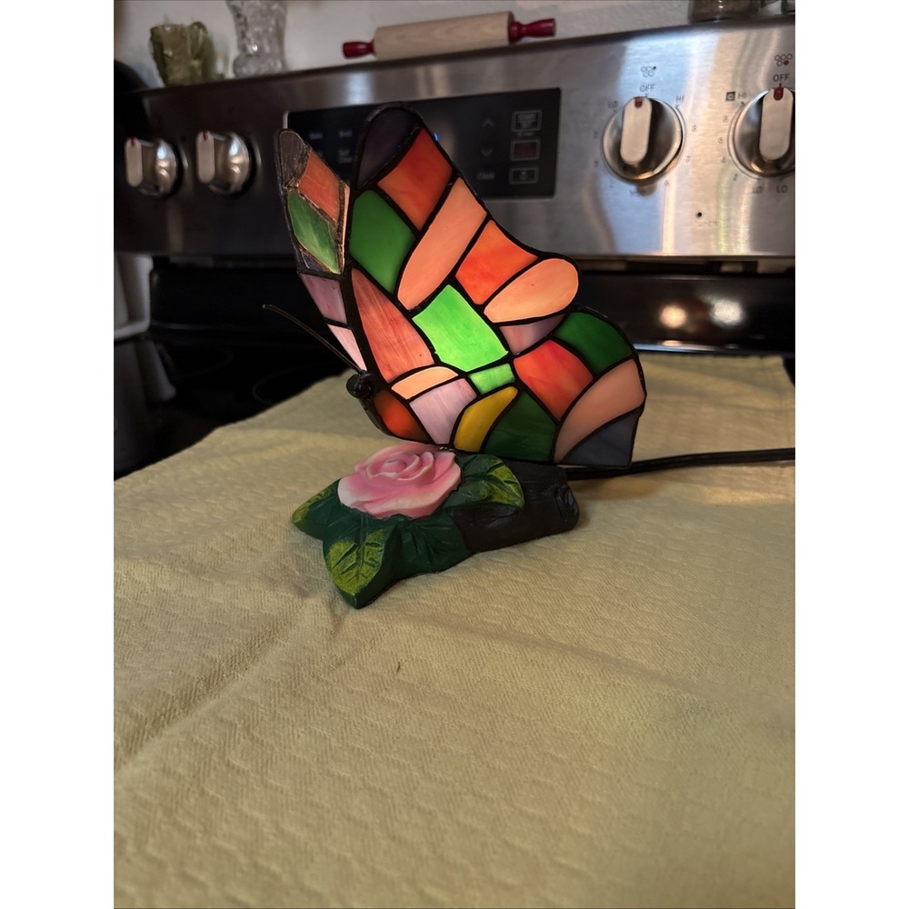 Stained Glass Butterfly Table Lamp Night Light with Pink Rose FLAW